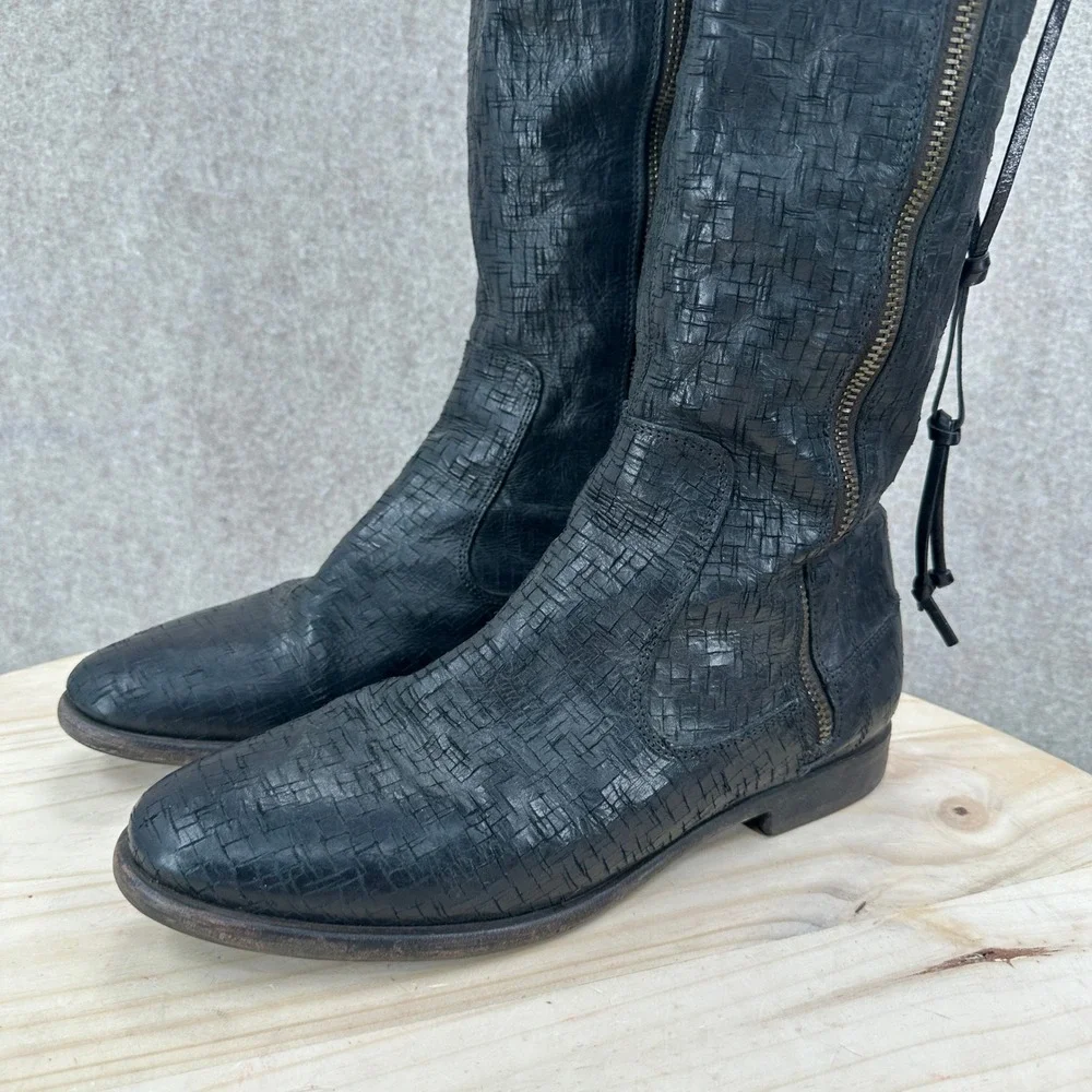 UGG Nicoletta Tall Boots Womens 10 Black Leather Over The Knee Flat Weave